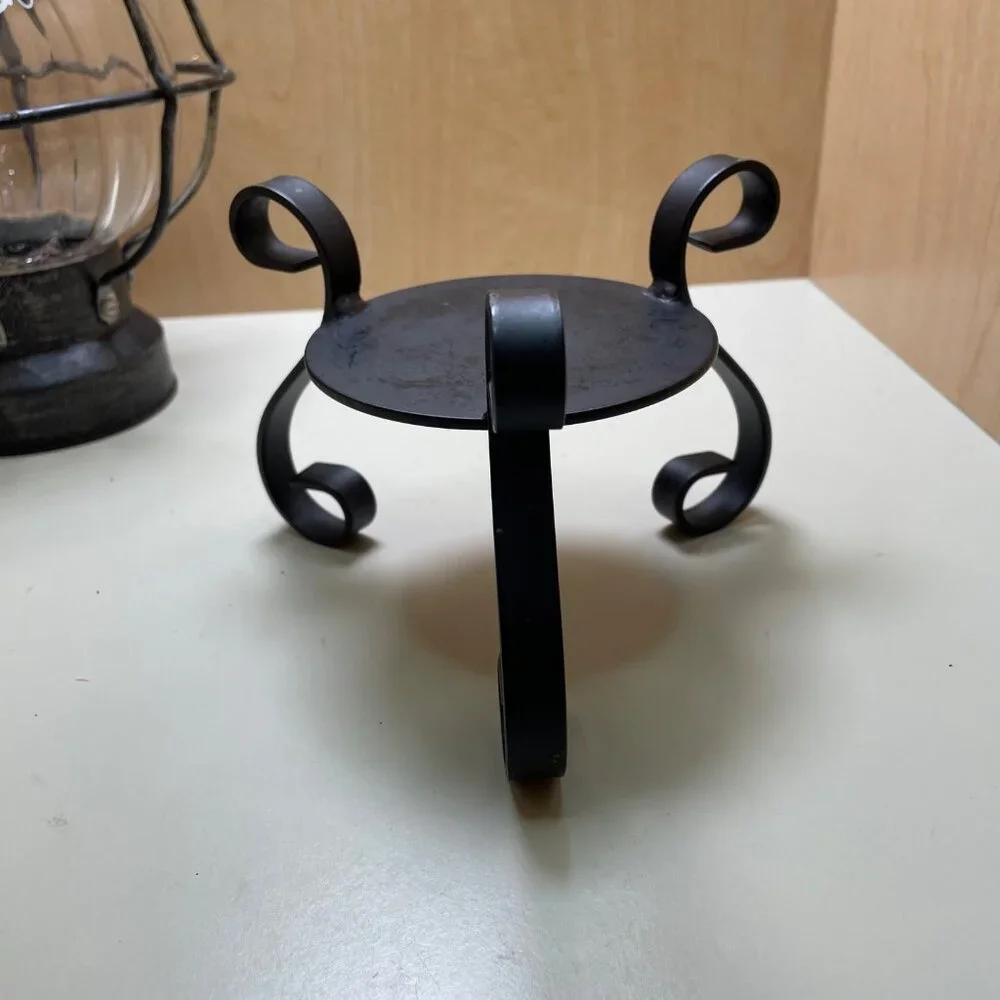 Rare Antique-Style 3 Piece Black Metal & Glass Lantern With Decorative Stand and